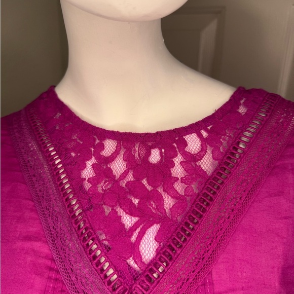 Farm Rio Fuchsia Pink Smocked Puff Sleeve Blouse with Bib Collar - Picture 10 of 13